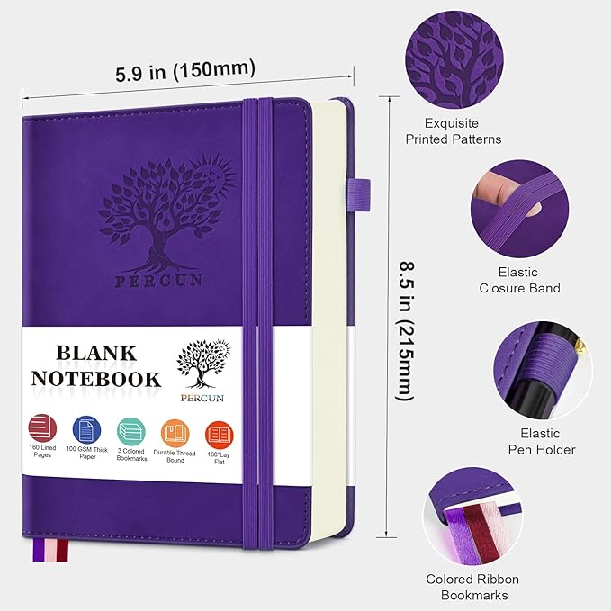 Blank Journal Ntebook for Men & Women, 160 Pages Blank Journals for Writing, Drawing,Sketch Book,5.9" x 8.5" Leather Sketchbook, Unlined Notebook for Work, School, Art - Purple