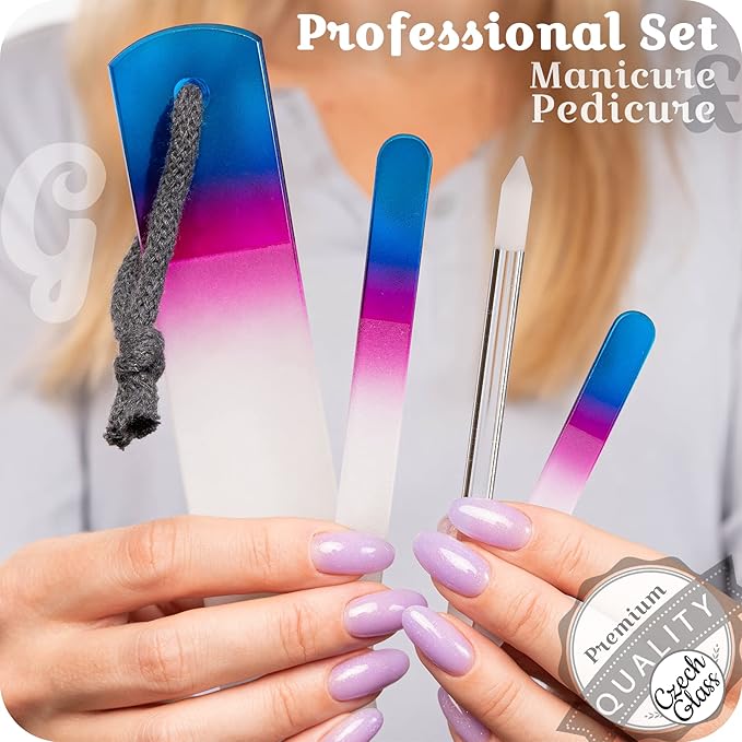 GLADZY Genuine Czech Glass Nail File Set - Callus Remover Foot Rasp, Cuticle Pusher Manicure Stick, Double Sided Etched Different Grit Surface, Professional Nail Care Tool, Made in EU