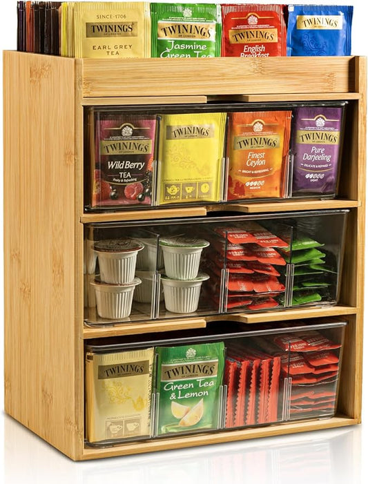 Tea Bag Organizer - Bamboo Tea Storage With Drawer 3 Layer, Organizer for Tea Bags Natural Wood & Acrylic for Countertop Office Kitchen Cabinet Pantry