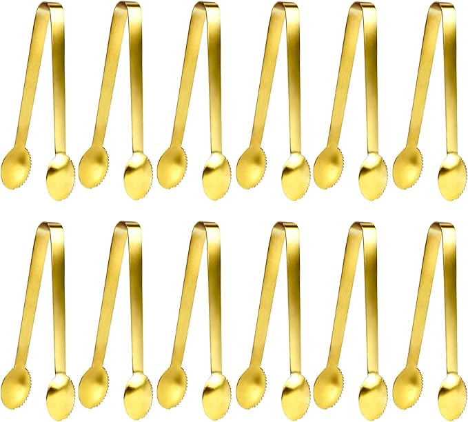 JCREN 12 Pcs Gold Tongs - Stainless Steel Serving Tongs for Food, Appetizers, Desserts - 4.9inch
