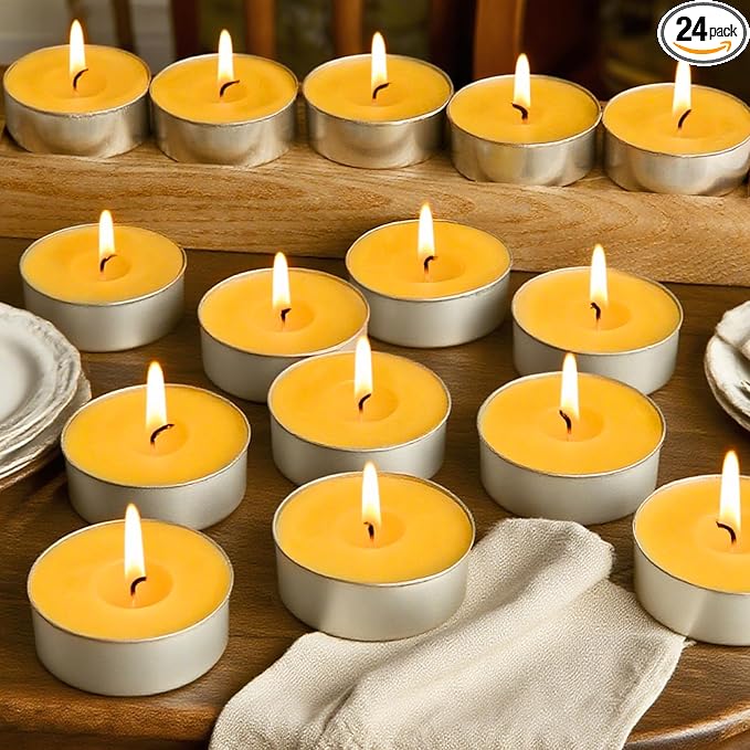 Beeswax Tea Candles in Cup, 24 Pcs, Natural Beeswax Tealight Candles with 4 Hours Burn Time for Home Decor, Air Purification, Honey Scent Pure Bees Wax Tea Light Candle