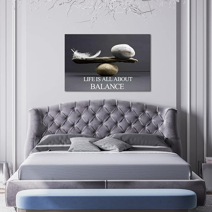 Biuteawal Motivational Wall Art Zen Canvas Print Black White Balance Stones with Feather Picture Painting Inspirational Quote Artwork Framed Home Office Classroom Bedroom Decor Ready to Hang