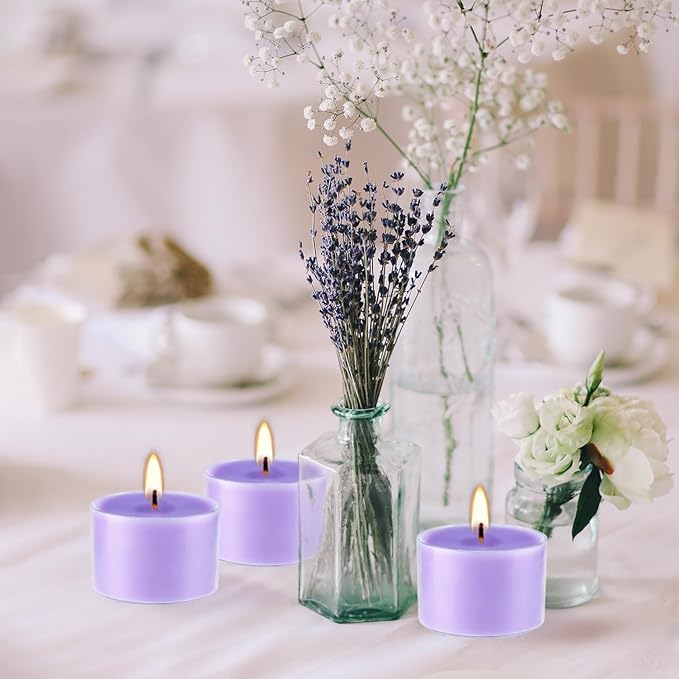 50 Pack Bulk Lavender Scented Tealight Candles in Clear Cup, Purple Wax Votive Candle for Birthdays Weddings Churches Anniversaries & More（8 Hour）