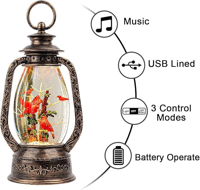 12'' Lighted Cardinals Snow Globe Lantern, Music Water Lantern with Swirling Glitter Decoration for Christmas Home, Living Room, Battery Operated or USB Powered