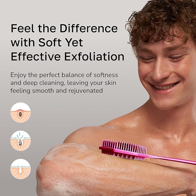 Silicone Back Scrubber with Long Handle - Octagon Body Brush for Shower, Bath, and Exfoliating - Skin Cleansing, Back Scrub and Gentle Silicone Sponge - Wash Your Body with Easy Reach - Pink