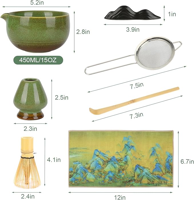 Matcha Whisk Set, 7Pcs Matcha Set Kit include Matcha Bowl, Matcha Whisk and Holder, Bamboo Scoop, Scoop Rest, Sifter and Tea Towel, Matcha Whisk and Bowl Set for Matcha Lovers and Beginers
