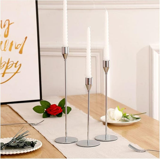 3Pcs Silver Candlestick Holders Set Fit 3/4" Tall Taper Candle Home Decorative Table Centerpieces for Family Dinning, Party Decoration