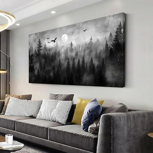 ZESTRILIA Forest Wall Art Black & White Moon Night Retro Canvas Prints Modern Rustic Paintings Nordic Artwork Landscape Picture for Country Farmhouse Living Room Bedroom Home Office Décor (28x58inch)