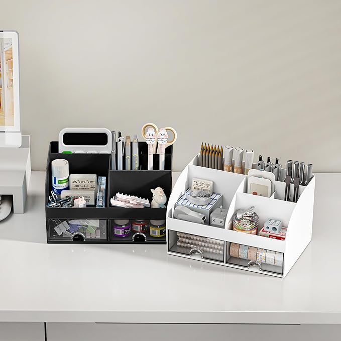 Desk Organizer with 6 Compartments and 2 Drawers, Plastic Makeup Organizer, Pen Holder for Desktop Storage, Desk Organization for School, Home, Office Supplies (Black)