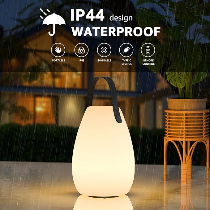 uuffoo 2 Pack Portable Outdoor Table Lamp - Dimmable Rechargeable Night Lights w/ Remote and 7 RGB Colors, IP44 Water-Resistant Hanging Lantern for Patio, Tent, Bedroom, Garden, Emergency