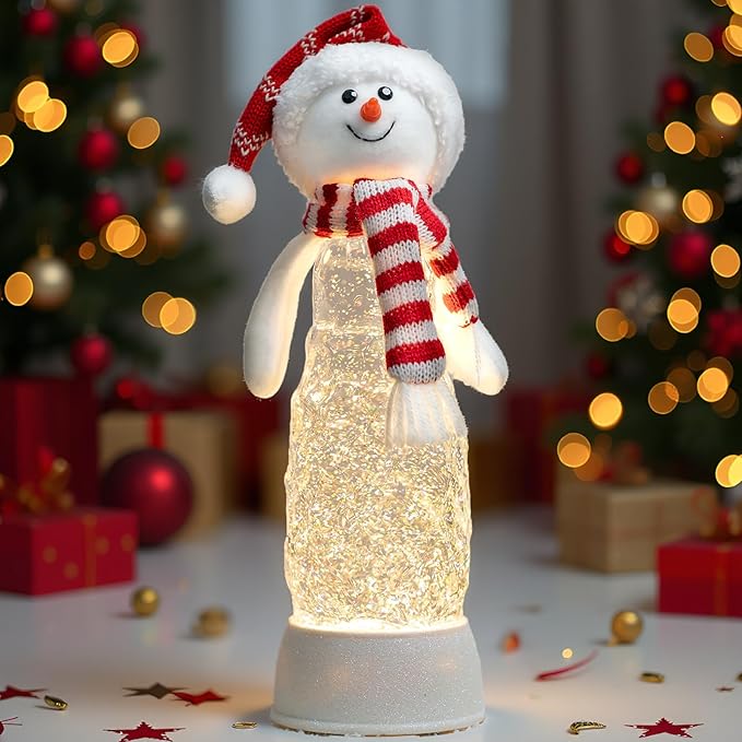 Christmas Snowman Decorations, Lighted Snowman Plush Swirling Glitter Musical Christmas Snow Globe Water Lantern for Table Mantel Desk Fireplace Home Holiday Decor