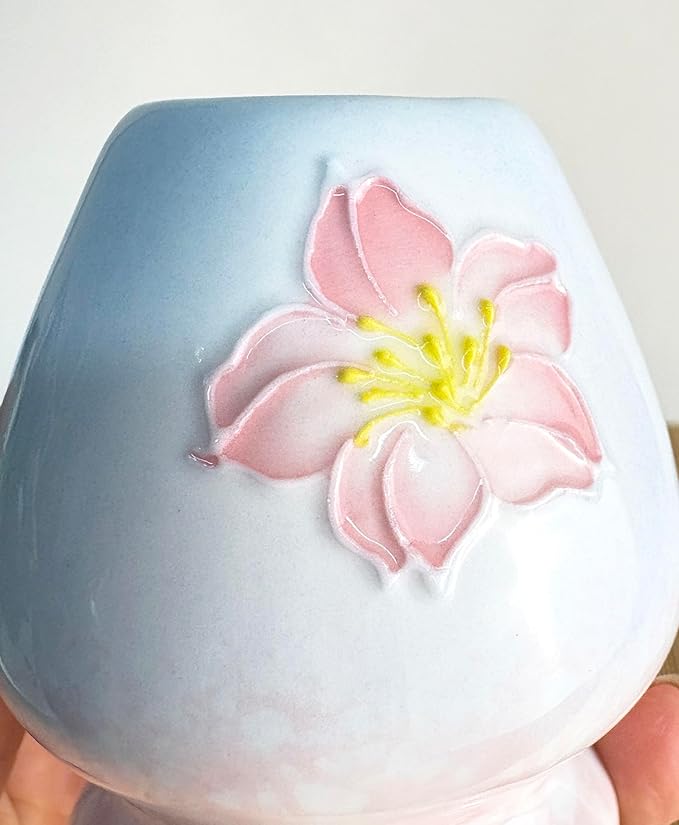 Matcha set with tray 8pcs, Japanese Matcha Kit includes Ceramic Matcha Bowl, Bamboo Matcha Whisk (Chasen), Whisk Holder, Macha Scoop(Chashaku), Bamboo Placemat, Sifter, Tea Cloth Chakin，Blue & Pink