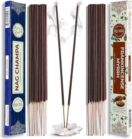 Trumiri Incense Sticks - Combo Pack of 35 Insence-Sticks - 15 Nag Champa + 20 Frankincense Myrrh - Insenses - Insents - Incents - Inscense - Incence - Incienso - All Natural Incense Sticks