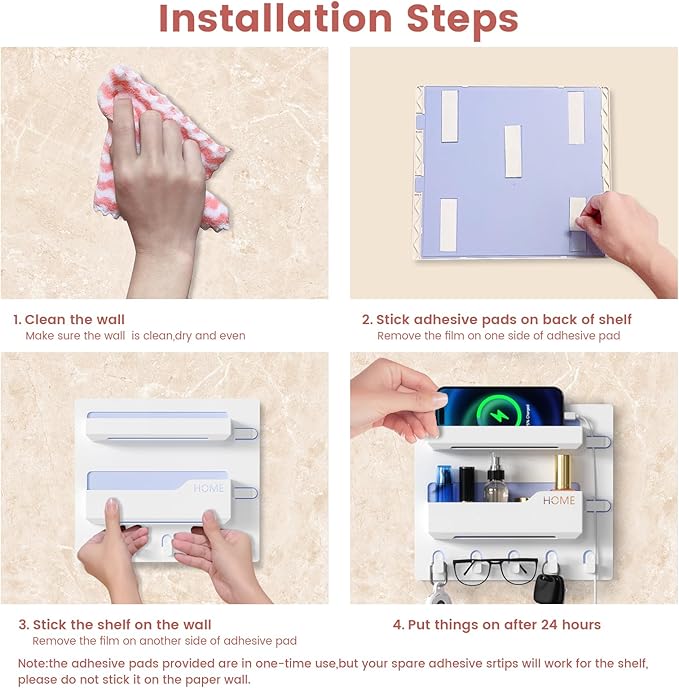 Bedside Shelf Wall Mount, Adhesive Bedside Shelf Accessories Organizer with Hooks and Cable Clips,Dorm Bedside Wall Storage for Phone, Remote, Earphone, Kindle,Plastic (5 Hooks Style)