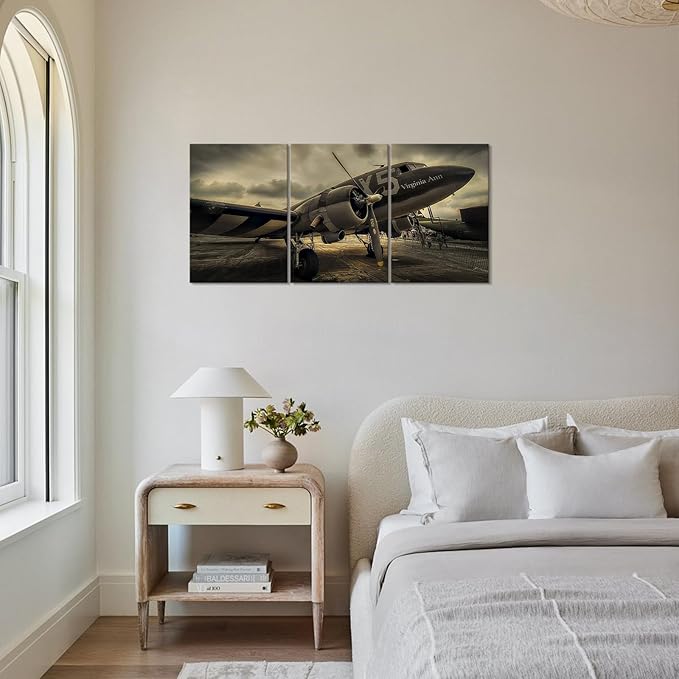 KAWAHONE -3 Pieces Vintage Airplane Wall Art Old Airplane Canvas Wall Art for Office Bedroom Living Room Home Ready to Hang (Aircraft)