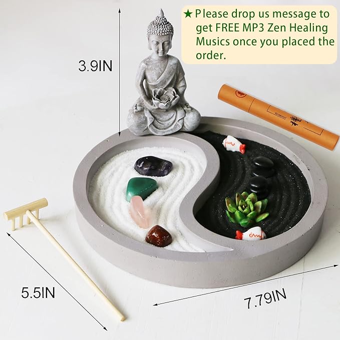 Mini Zen Garden Kit for-Desk - Yin Yang Crystal Sand Rock Garden with Zen Rake Buddha Statue Healing Stones White Sand, Japanese Meditation Gift Set for Home Office Desktop Fidget Toys