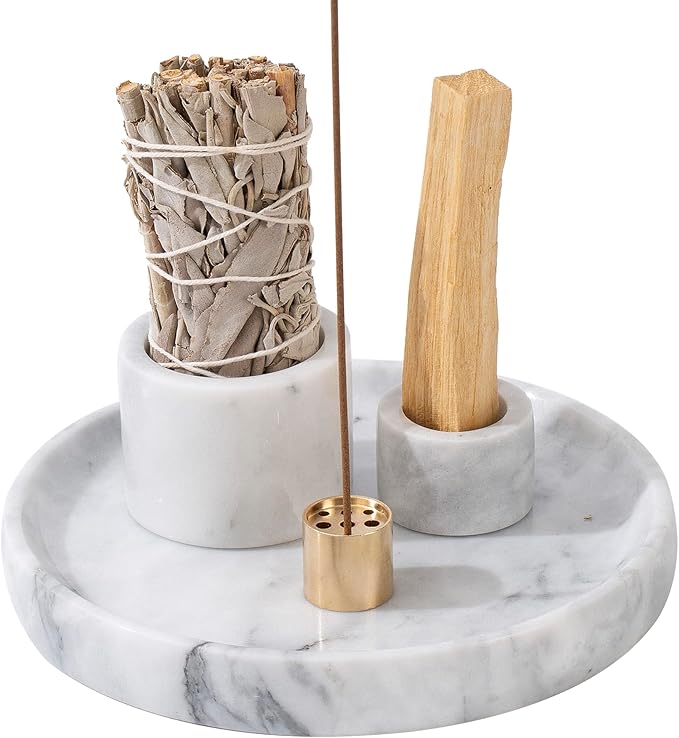 4 in 1 Marble Incense Holder, Natural Marble Incense Burner for Meditation, 9 Incense Holes Suitable for Most Incense Types (White)