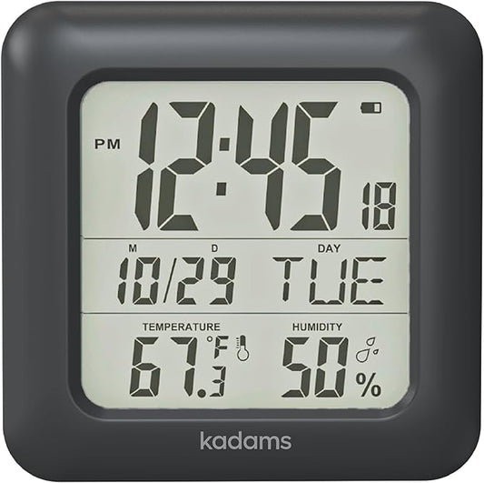 KADAMS Bathroom Clock 9.5" Kitchen Wall Clock with Large LCD Screen – Shower Clock with Suction Cup,Temperature, Humidity, Calendar – Water-Resistant, 4 Mounting Options, Black