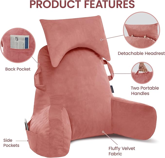Portable Reading Pillows with Headrest for Bed Sitting Up(Dark Pink Oeko-Tex), Velvet Back Pillow with Arms & Pockets for Adults, Support Memory Foam Bed Pillow for Dorm/Watching/Gaming
