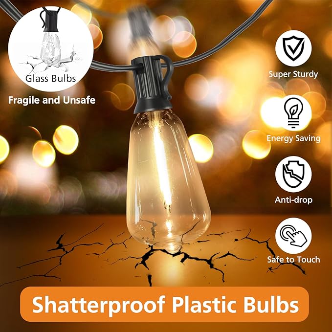 Brightever Dimmable Outdoor String Lights with Remote, 3 Colors in 1 LED Patio Light for Outside with 25+1 ST38 Edison Bulbs, 50FT 3 Modes Gazebo Lighting Waterproof for Camping, 2700K/4000K/5000K