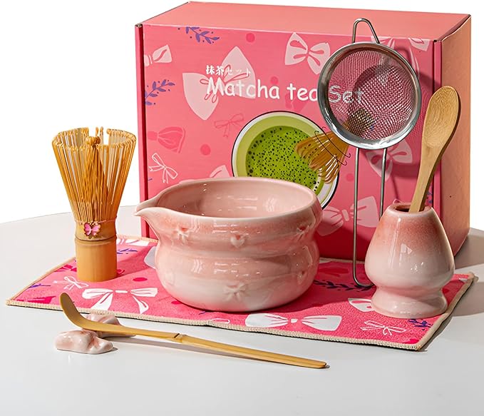 Matcha Whisk Set, 8 PCS Ceramic Set Includes 15-OZ Matcha Bowl with Spout, Bamboo Tea Whisk and Stand, Scoop and Spoon. Matcha Kit for Matcha Lovers and Beginners (pink)