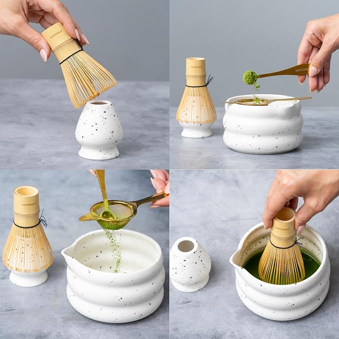 Matcha Whisk Set With Ceramic Matcha Bowl, Bamboo Whisk & Holder, Stainless Steel Spoon & Sifter, Glass Cup & Straw, Electric Frother, Storage Bag - Gift for Matcha Lovers (Premium 9-Piece Set White)
