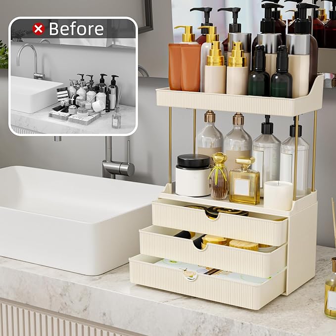3 Drawers Bathroom Counter Organizer - 5 Tier Makeup Organizer, Versatile Perfume Organizer, Ideal for Bathroom Storage, Vanity, Large Skincare, Perfume, Present, Cream White