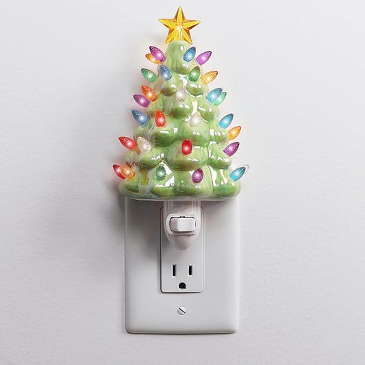 Milltown Merchants Ceramic Night Light - Vintage Christmas Tree with Lights - Mini Decorative Tree (Pearl Green)