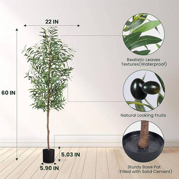 Fake Olive Tree, 5FT 2Pack Tall Plants Olive Trees 60in Silk Plant with Trunk and Realistic 536 Leaves and 20 Fruits for Modern Office Home Decor Indoor