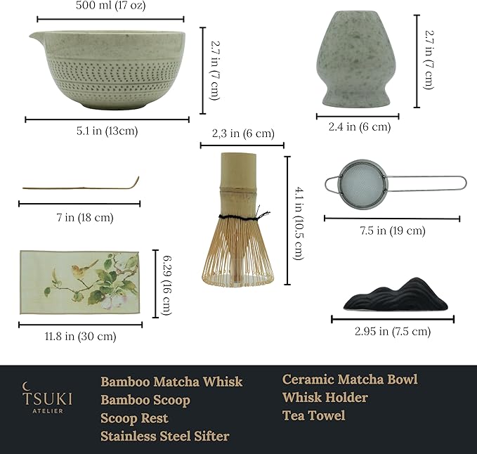 Matcha Whisk Set – 7 Pcs Matcha Kit - Ceramic Bowl, Bamboo Whisk & Holder, Scoop, Sifter, Scoop Rest & Tea Towel – Elegant Matcha Kit for Tea Lovers, Home Decor & Zen Spaces (Green)