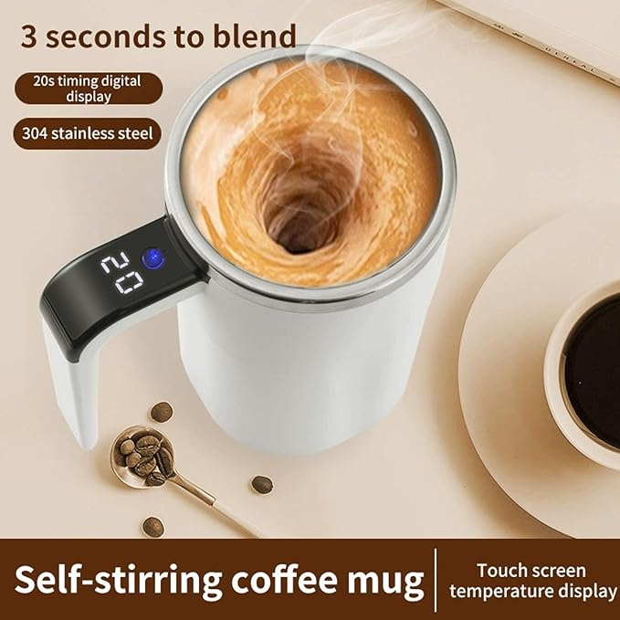 Electric Coffee Mug with a Built-in LCD Thermometer, Electric Self Stirring Coffee Mug Mixer for Desk, Automatic Magnetic Rechargeable Warmer, Travel Cup with Lid for Milk, Cocoa (White)