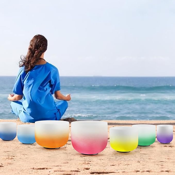 Ryan Dvan 432Hz 7"-12" Set of 7 Crystal Singing Bowl Set – Gradient Color Quartz Bowls for Chakra Healing, Meditation, Sound Bath & Yoga.Sound Therapy Tools with Suede Mallets & O-Rings.