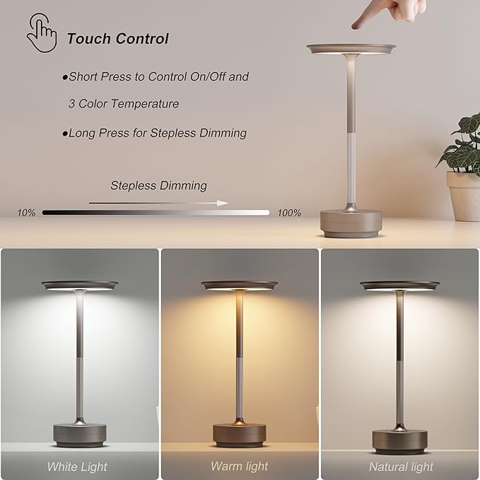 Rechargeable Table Lamps Cordless, Portable 5000mAh Outdoor Table Light, 3 Color Stepless Dimming LED Table Lamp with Memory Function, for Home/Dinner/Patio/Restaurant.(Champagne Gold)