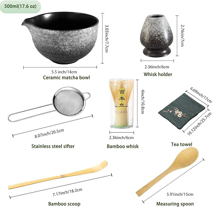 Matcha Whisk Set,7 Pcs Matcha Kit Tea Tools Includes Matcha Bowl with Spout, Sifter, Bamboo Scoop,Tea Towel,Whisk and Holder, Ideal Gift for Matcha Lovers (Black&White)