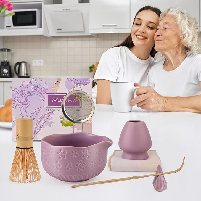 APLSTOW Matcha Whisk Set - Traditional Japanese Handmade Bamboo Matcha Whisk and Holder, Matcha Bowl,Bamboo Scoop, Scoop Rest, Sifter and Tea Towel (Purple)