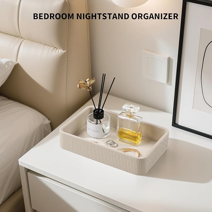 PU Leather Valet Tray Organizer, Modern Nightstand Organizer Bedside Desktop Storage for Womens and Men, Decorative Perfume Trinket Catchall Vanity Tray for Key Watch Wallet (Beige)