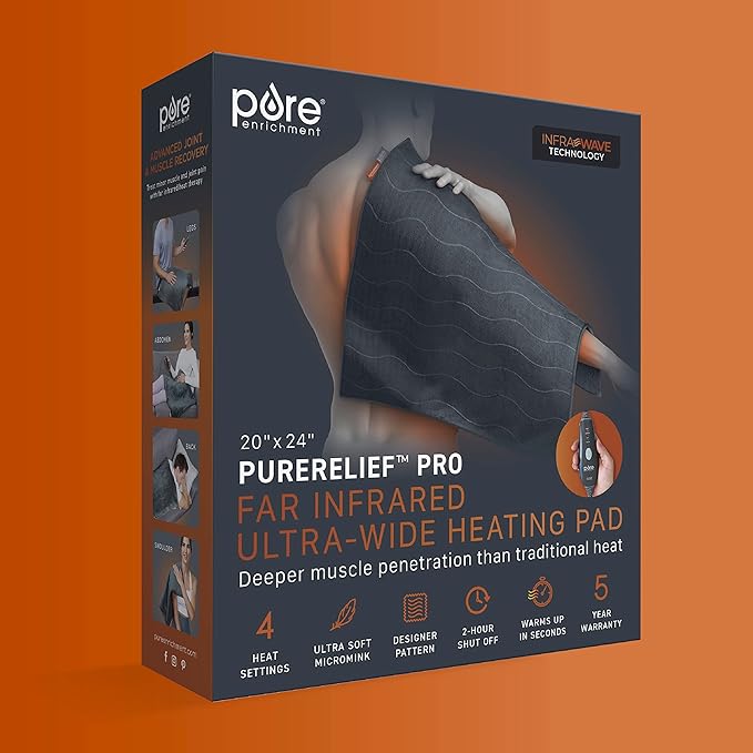 Pure Enrichment PureRelief Pro Far Infrared Ultra-Wide Heating Pad - Muscle Relief for Back, Neck, Shoulder, & Knee Pain in Athletes, 4 Heat Settings, Dry/Moist Heat, 20” x 24” Wide Size (Iron Gray)