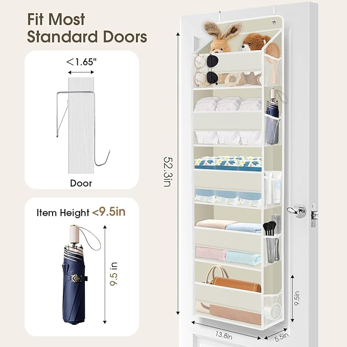 1 Pack Over The Door Organizer, Hanging Storage Organizer with Clear Window, 40lb Ultra Sturdy Large Capacity Room Organizer for Pantry Bathroom Nursery Closet Baby Essential (Beige)