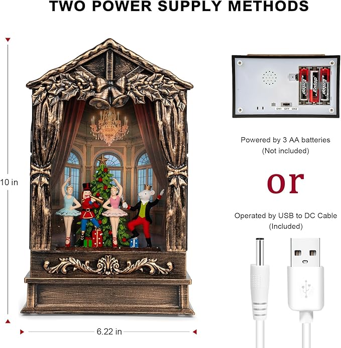 Christmas Snow Globe Lantern Water Glittering Nutcracker Ballet Theatre with Music & Timer, USB Lined/Battery Operated Lighted Lantern for Christmas Festival Decoration Gifts