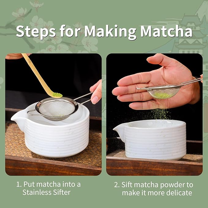 Matcha Bowl Set, Matcha Whisk and Holder, Stainless Sifter & Bamboo Scoop, Towel, 7 PCS Matcha Starter Kit for Matcha Lovers, White