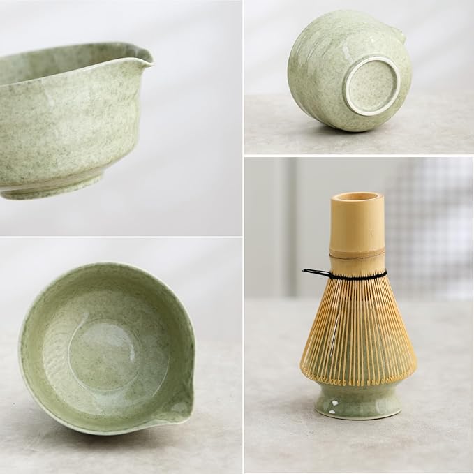 Matcha Set, Japanese Tea Set Includes Matcha Bowl with Spout, Matcha Whisk Holder, Bamboo Matcha Whisk and Bamboo Scoop, 17 oz Mottled Green Glaze Ceramic Matcha Kit for Tea Lovers