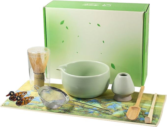 Matcha Whisk Set, 9PCS Ceramic Matcha Tea Set Includes Bowl, Whisk and Holder, Bamboo Scoop, Scoop Rest, Sifter and Tea Towel for Traditional Matcha Ceremony Matcha Lovers