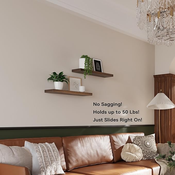 BGMG Wood Floating Shelves for Wall 18 inch Set of 2, Rustic Wooden Wall Mount Shelves for Bathroom Living Room Bedroom Kitchen Farmhouse -18x 6.7 x1.25 inch- Walnut Color