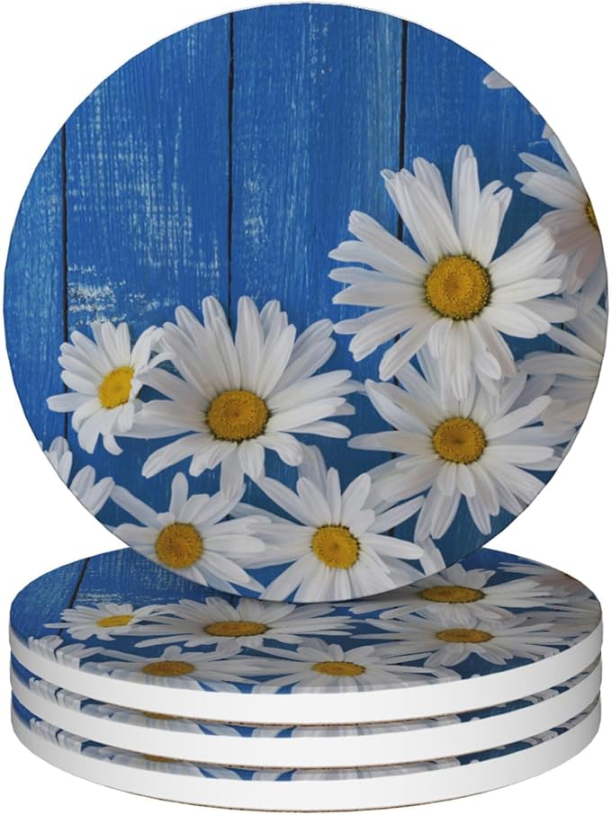 Blue Daisy Wood Round 4" Cup Coasters Set of 4, Absorbent Ceramic Stone Coasters with Cork Base, Ideal Home Decor Gifts for Women Men