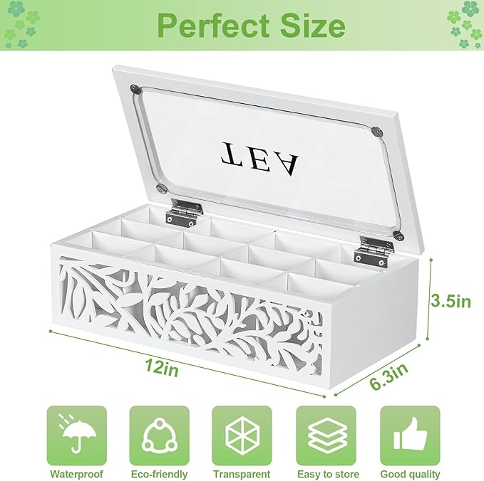 handrong Tea Box Organizer,Wood Tea Organizers and Storage,12 Compartments Teas Bag Organizers,Teas Bag Holder Organizer,Wooden Storage Box for Countertop Kitchen Cabinet Pantry