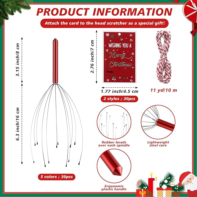 Soaoo 30 Pcs Christmas Head Massager Scalp Massager Bulk with Inspirational Christmas Cards Handheld Steel Wire Head Scratcher for Body Office Home Spa Stress Relief Relaxation Women Men Gift(Classic)