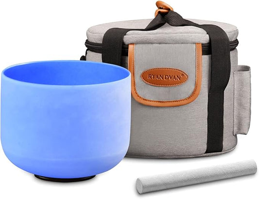 RYAN DVAN 8” G Note Blue Frosted Throat Chakra Crystal Singing Bowl with Free Heavy-Duty Carrying Case and Suede Striker O-Ring