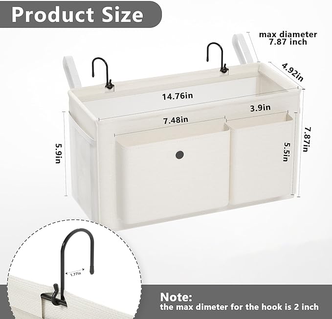 Bedside Caddy Bedside Organizer with Fixed Straps & Water Bottle Holder, Bunk Bed Caddy ideal for Home, Dorm, Hospital, Crib, Versatile Bedside Storage Solution (White 2pcs)
