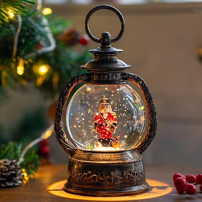 Musical Snow Globe Lantern Lighted Nutcracker Christmas Snow Water Lantern Swirling Glittering Home Decoration and Gift, Battery Operated or USB Powered