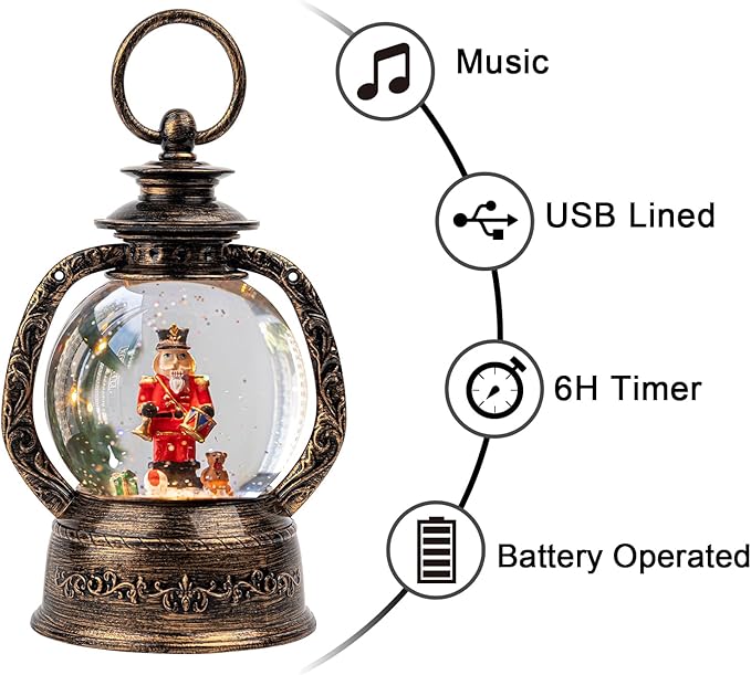 Musical Snow Globe Lantern Lighted Nutcracker Christmas Snow Water Lantern Swirling Glittering Home Decoration and Gift, Battery Operated or USB Powered